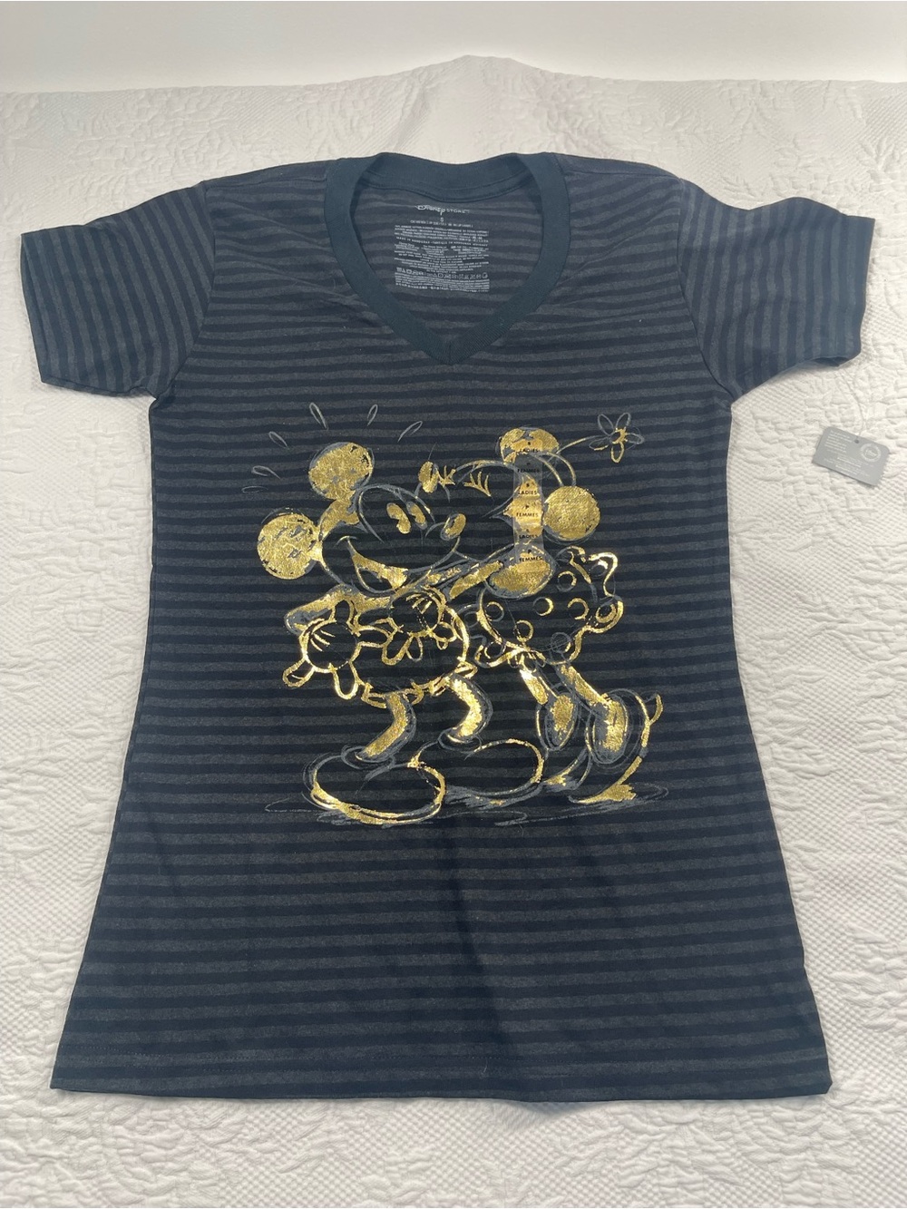 Disney Navy Striped V-Neck Tee with Gold Foil Mickey Graphic